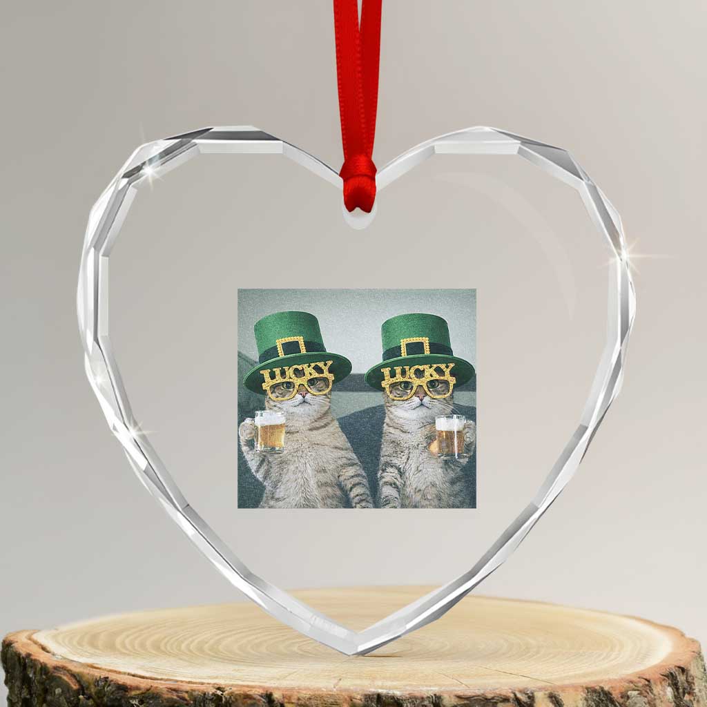 Funny St Patricks Day Cats Drinking Beer Meme Heart Crystal Glass Ornament