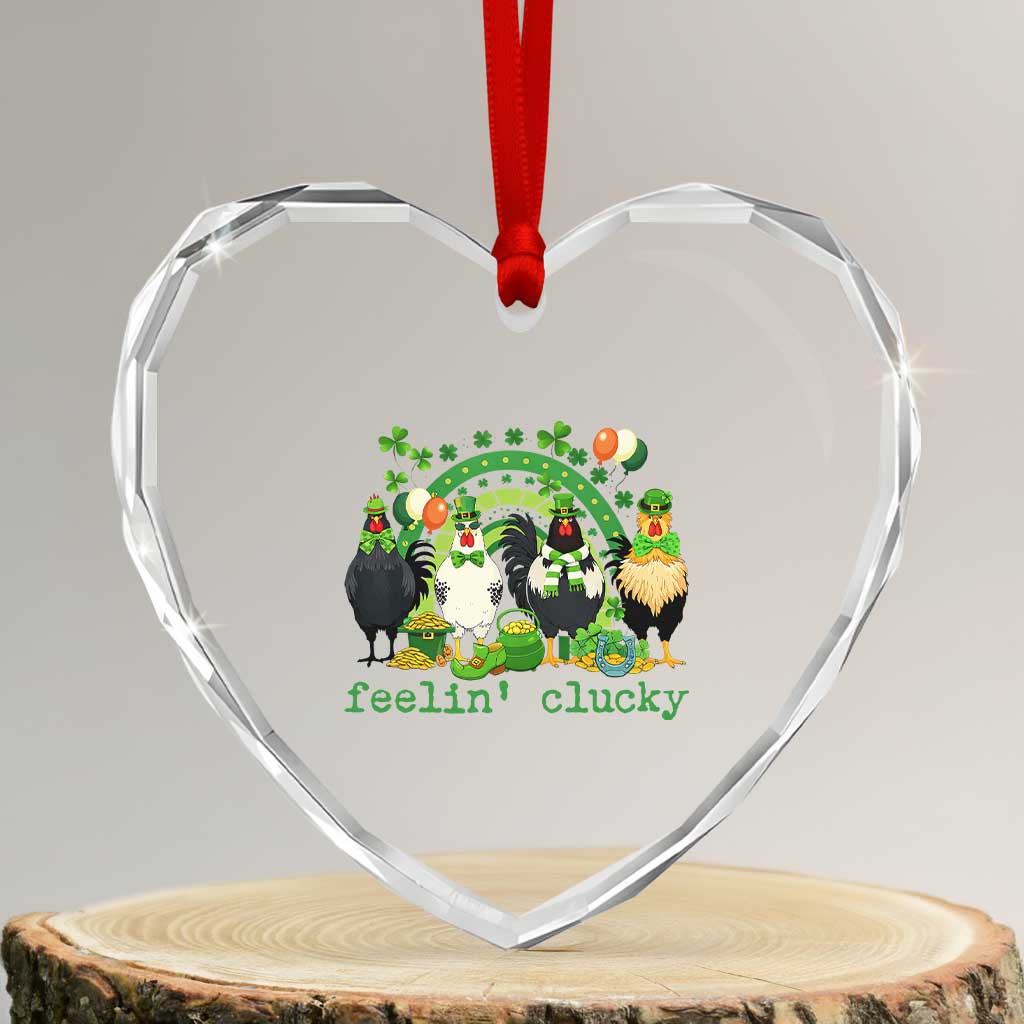 Funny St Patricks Day Chicken Shamrock Heart Crystal Glass Ornament Feelin Clucky Hen Lucky Clover Pun Irish Humor