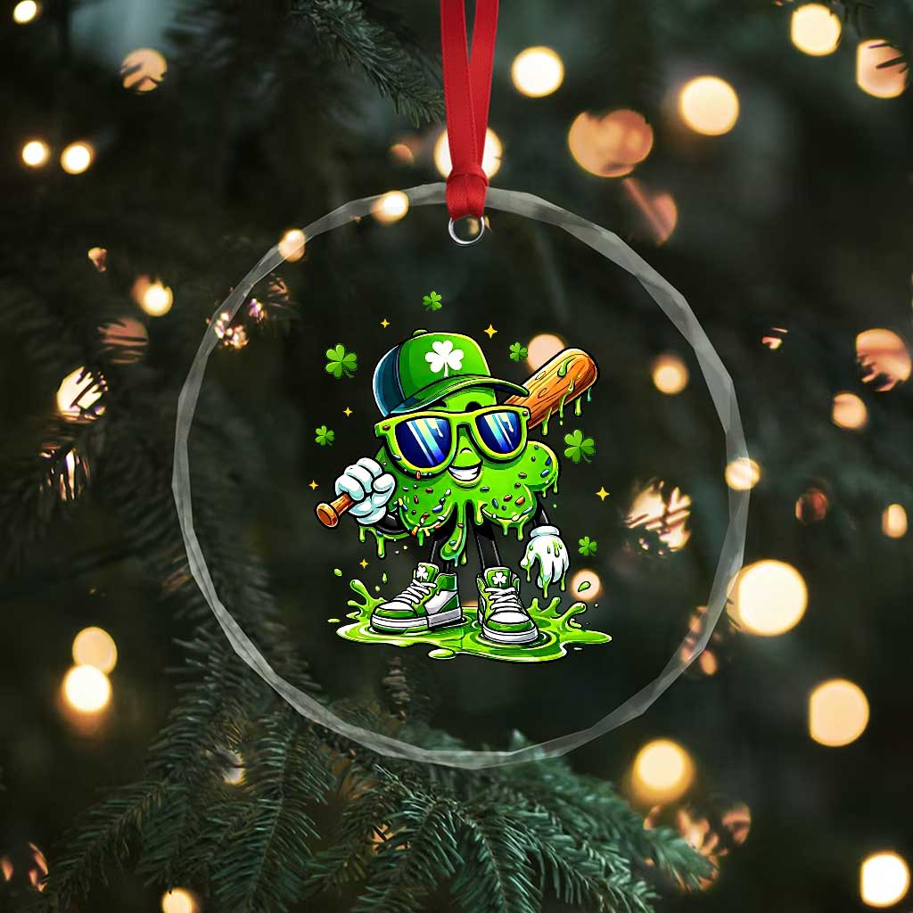 Funny St Patricks Day Clover Baseball Player Gift Crystal Glass Ornament