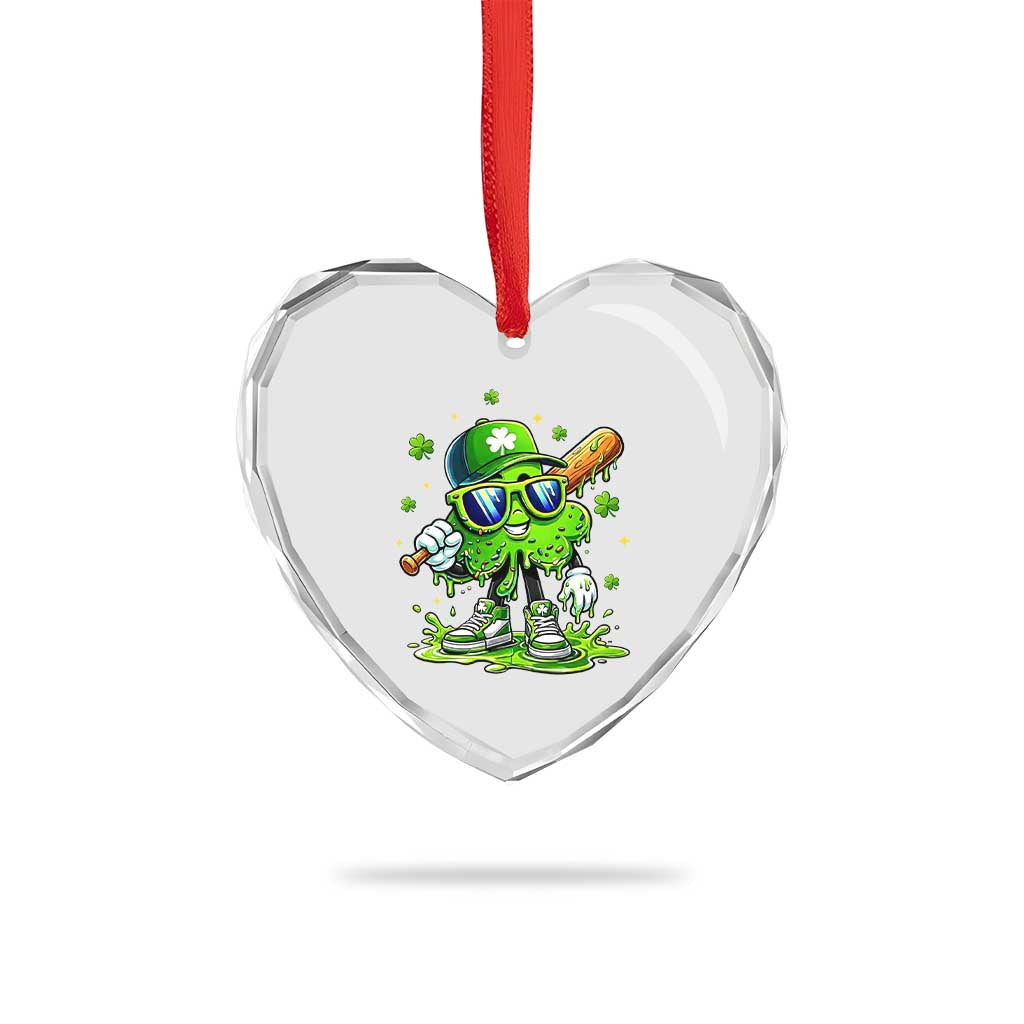 Funny St Patricks Day Clover Baseball Player Gift Heart Crystal Glass Ornament