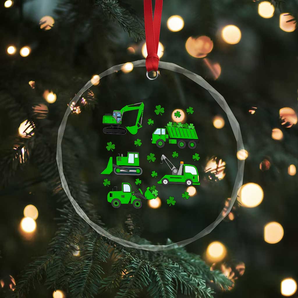 Funny St Patricks Day Construction Trucks Irish Shamrock Crystal Glass Ornament
