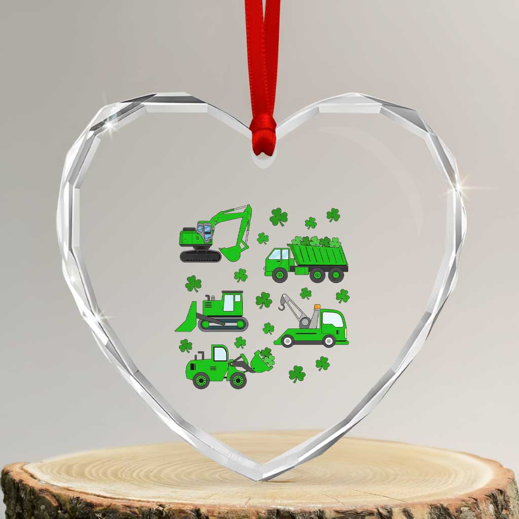 Funny St Patricks Day Construction Trucks Irish Shamrock Heart Crystal Glass Ornament