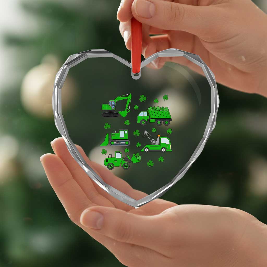 Funny St Patricks Day Construction Trucks Irish Shamrock Heart Crystal Glass Ornament