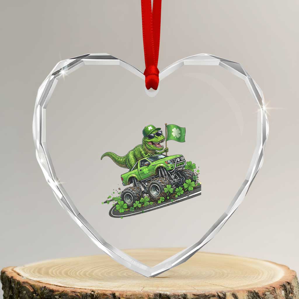 Funny St Patricks Day Dinosaur Truck Heart Crystal Glass Ornament Irish Holiday Gift