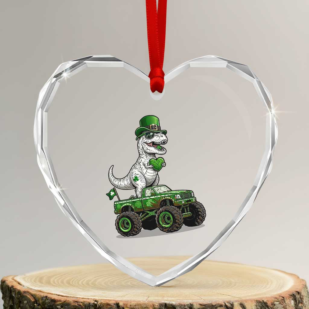 Funny St Patricks Day Dinosaur Truck Heart Crystal Glass Ornament Lucky Dino Gift