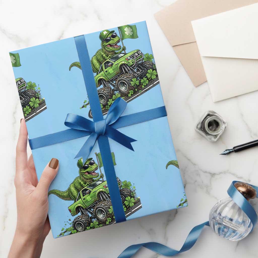 Funny St Patricks Day Dinosaur Truck Wrapping Paper Roll Irish Holiday Gift