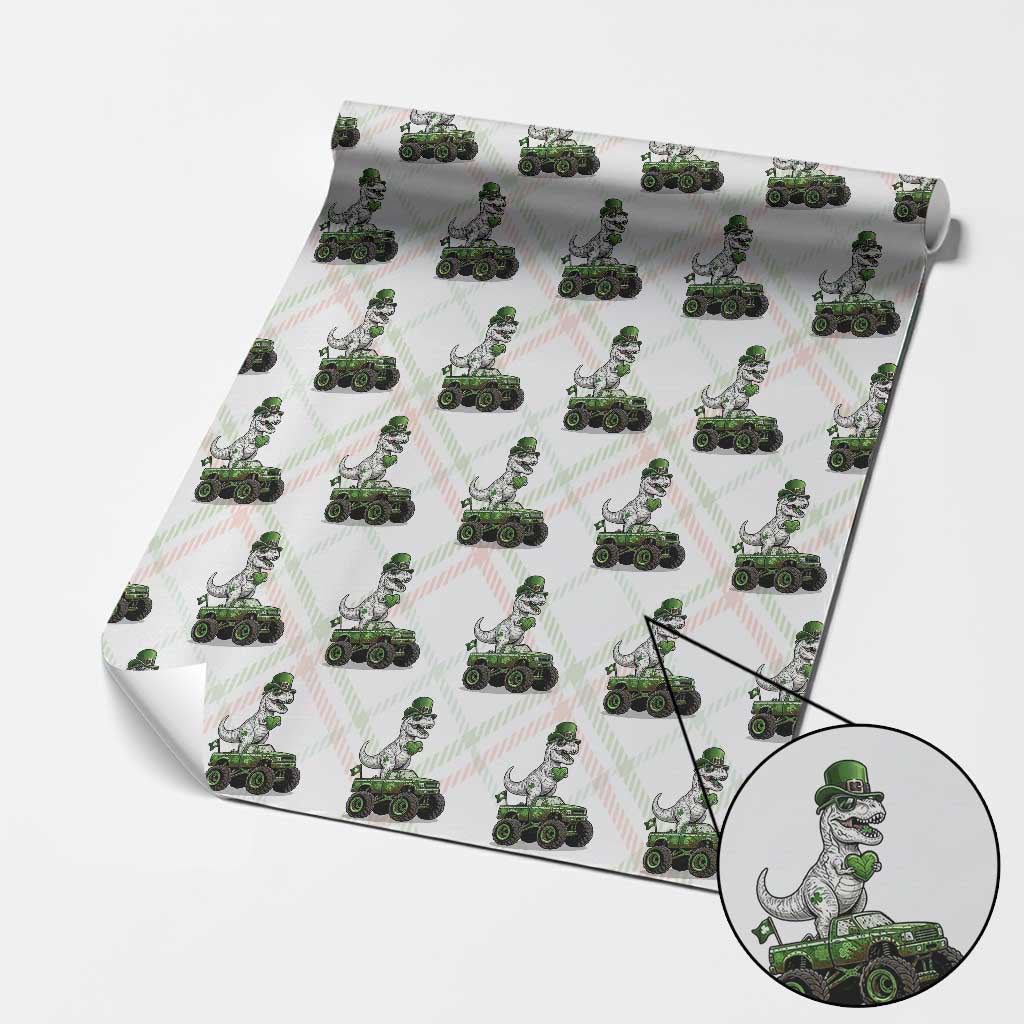 Funny St Patricks Day Dinosaur Truck Wrapping Paper Roll Lucky Dino Gift