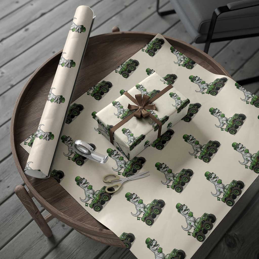 Funny St Patricks Day Dinosaur Truck Wrapping Paper Roll Lucky Dino Gift