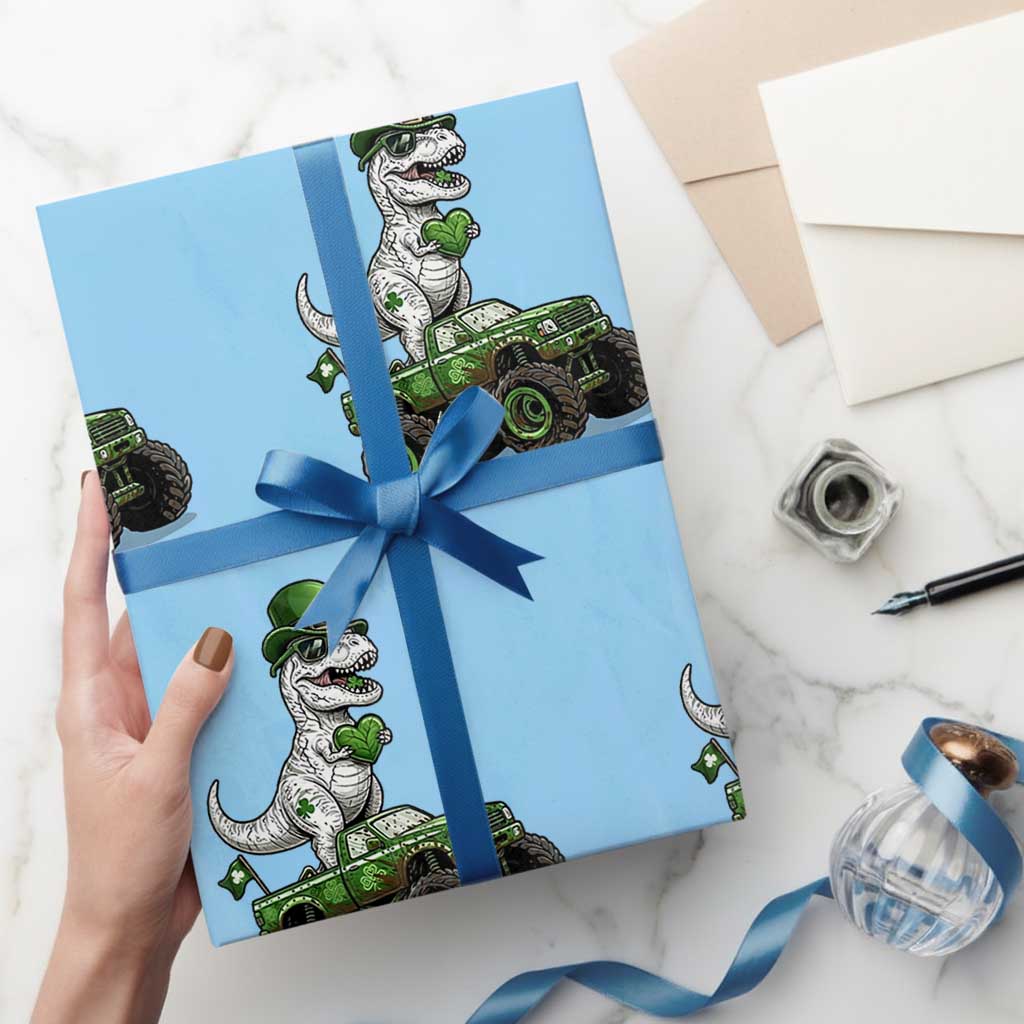 Funny St Patricks Day Dinosaur Truck Wrapping Paper Roll Lucky Dino Gift
