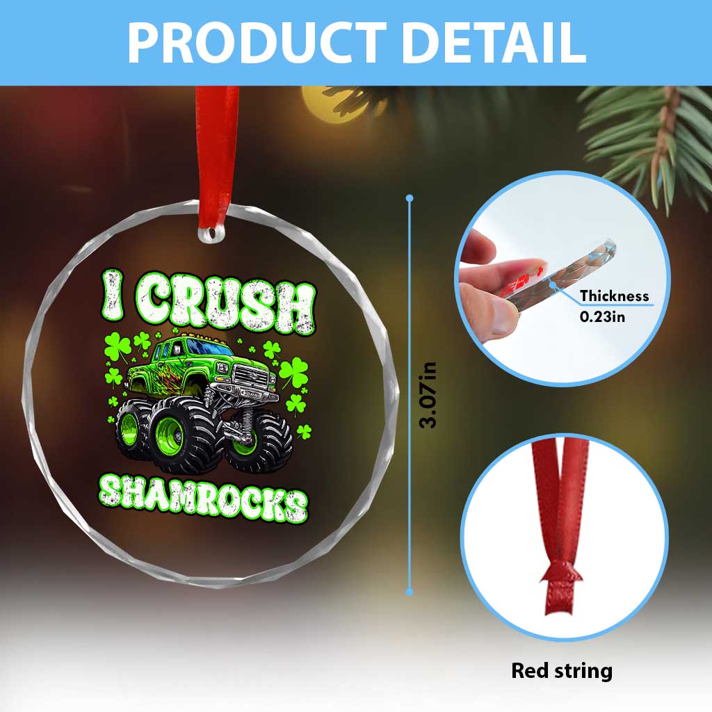 Funny St Patricks Day Monster Truck Crystal Glass Ornament I Crush Shamrocks Retro - Wonder Print Shop