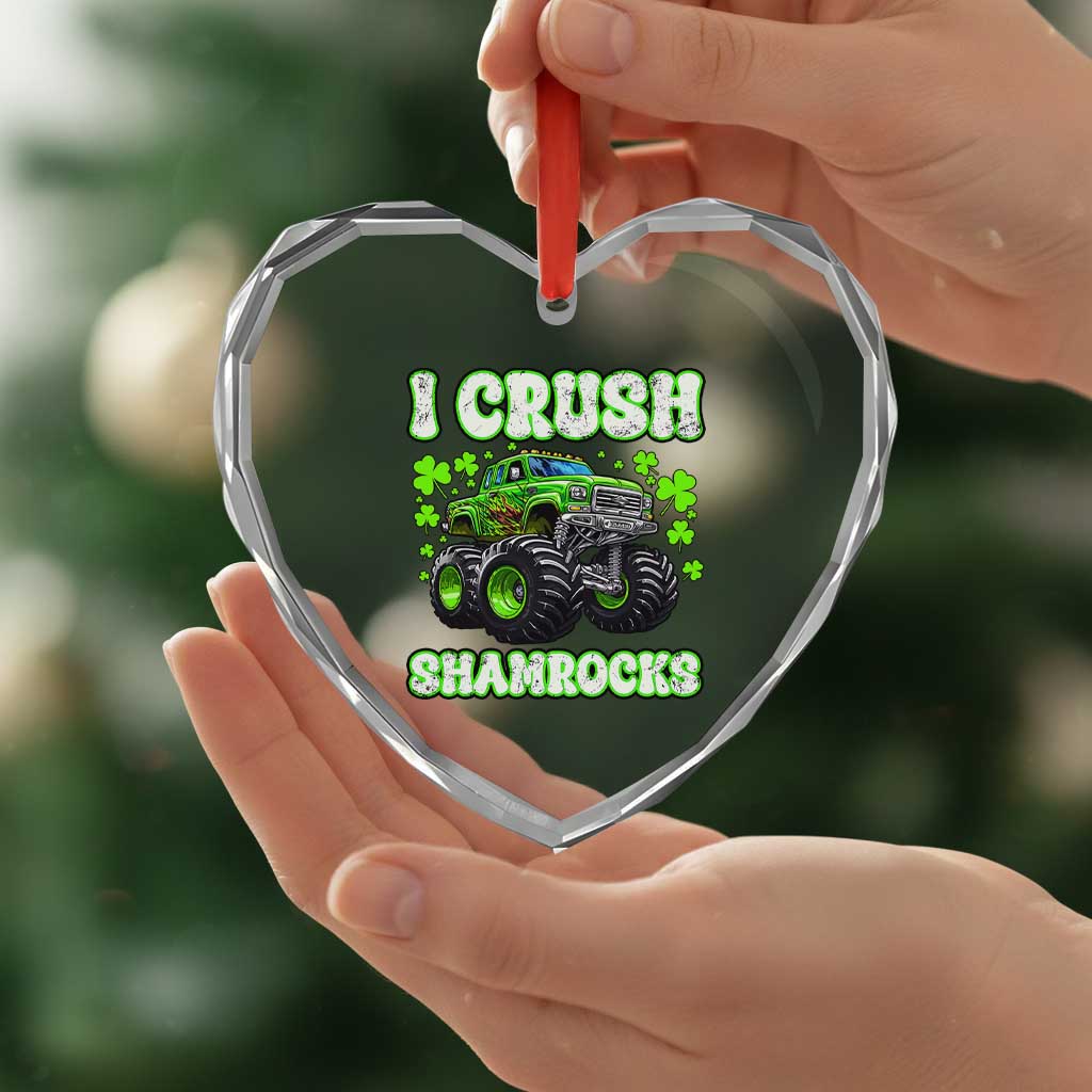 Funny St Patricks Day Monster Truck Heart Crystal Glass Ornament I Crush Shamrocks Retro - Wonder Print Shop