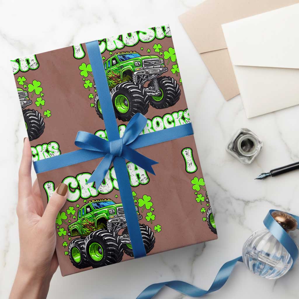 Funny St Patricks Day Monster Truck Wrapping Paper Roll I Crush Shamrocks Retro - Wonder Print Shop