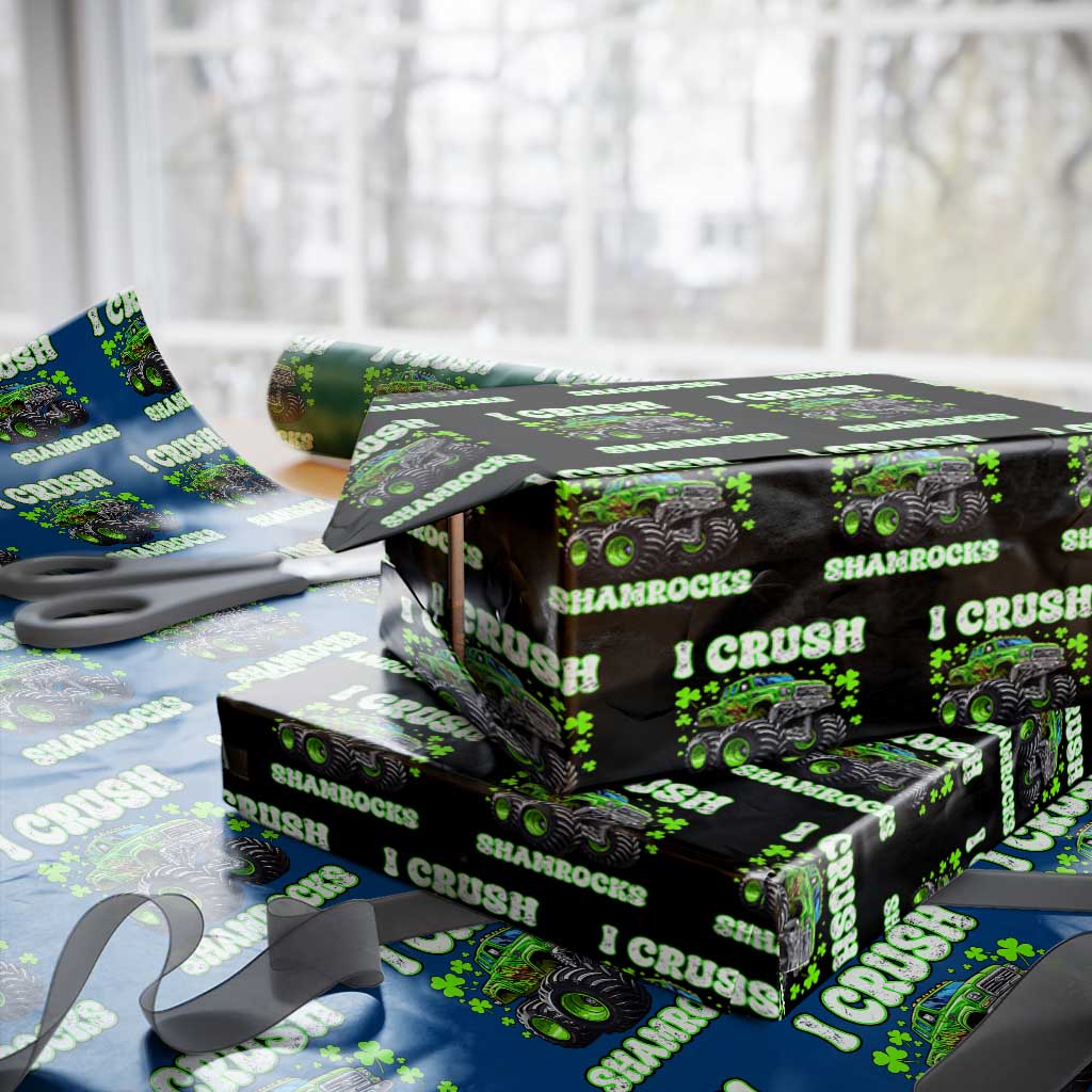 Funny St Patricks Day Monster Truck Wrapping Paper Roll I Crush Shamrocks Retro - Wonder Print Shop