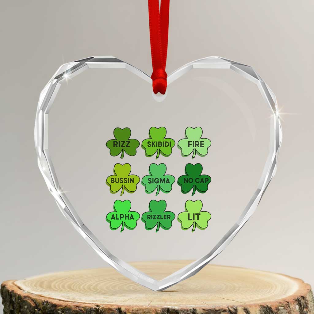 Funny St Patricks Day Skibi Rizz Heart Crystal Glass Ornament No Cap - Wonder Print Shop