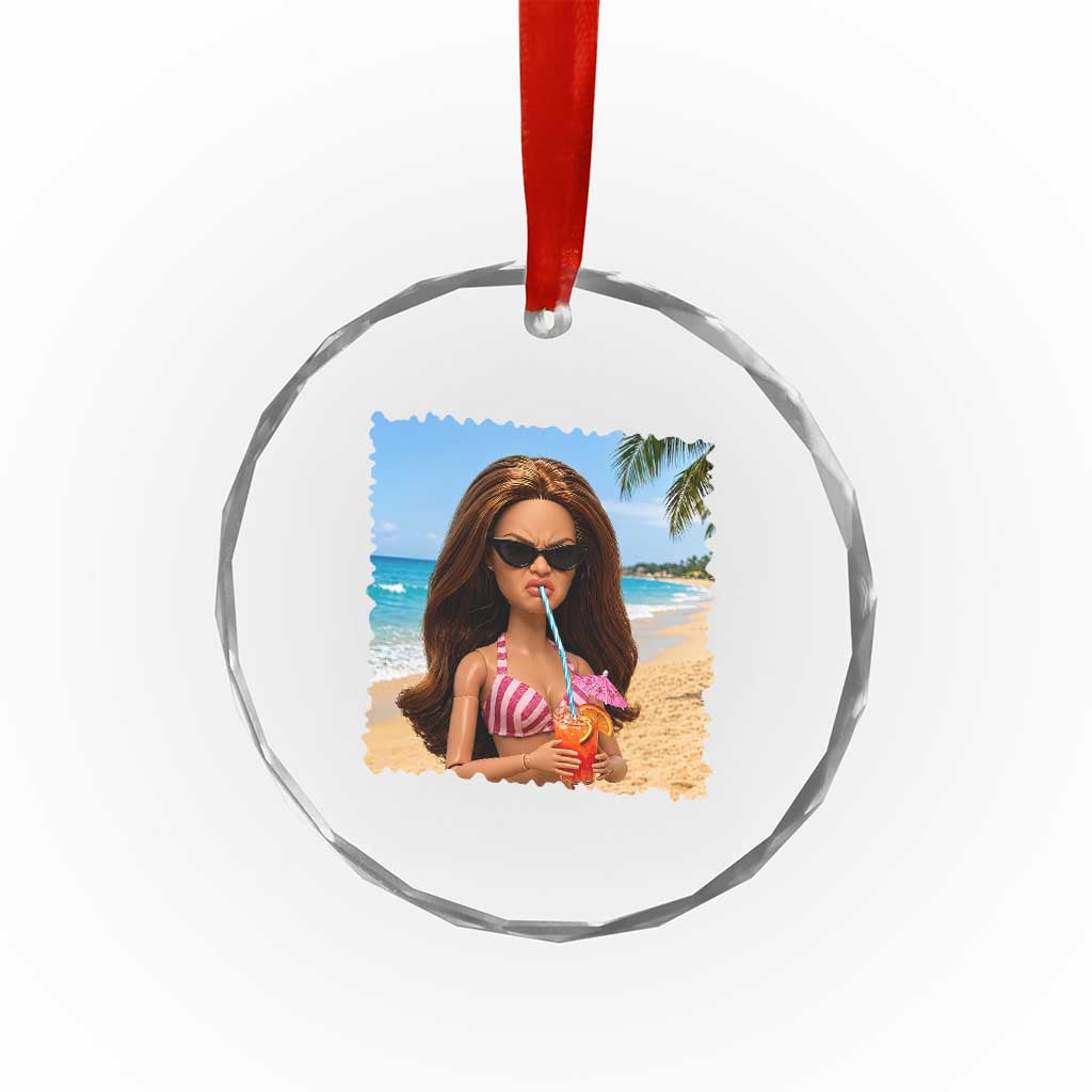 Funny Summer Doll Face Meme Crystal Glass Ornament Tropical Beach Party Graphic