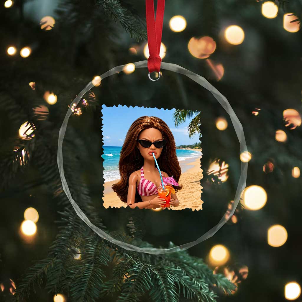 Funny Summer Doll Face Meme Crystal Glass Ornament Tropical Beach Party Graphic