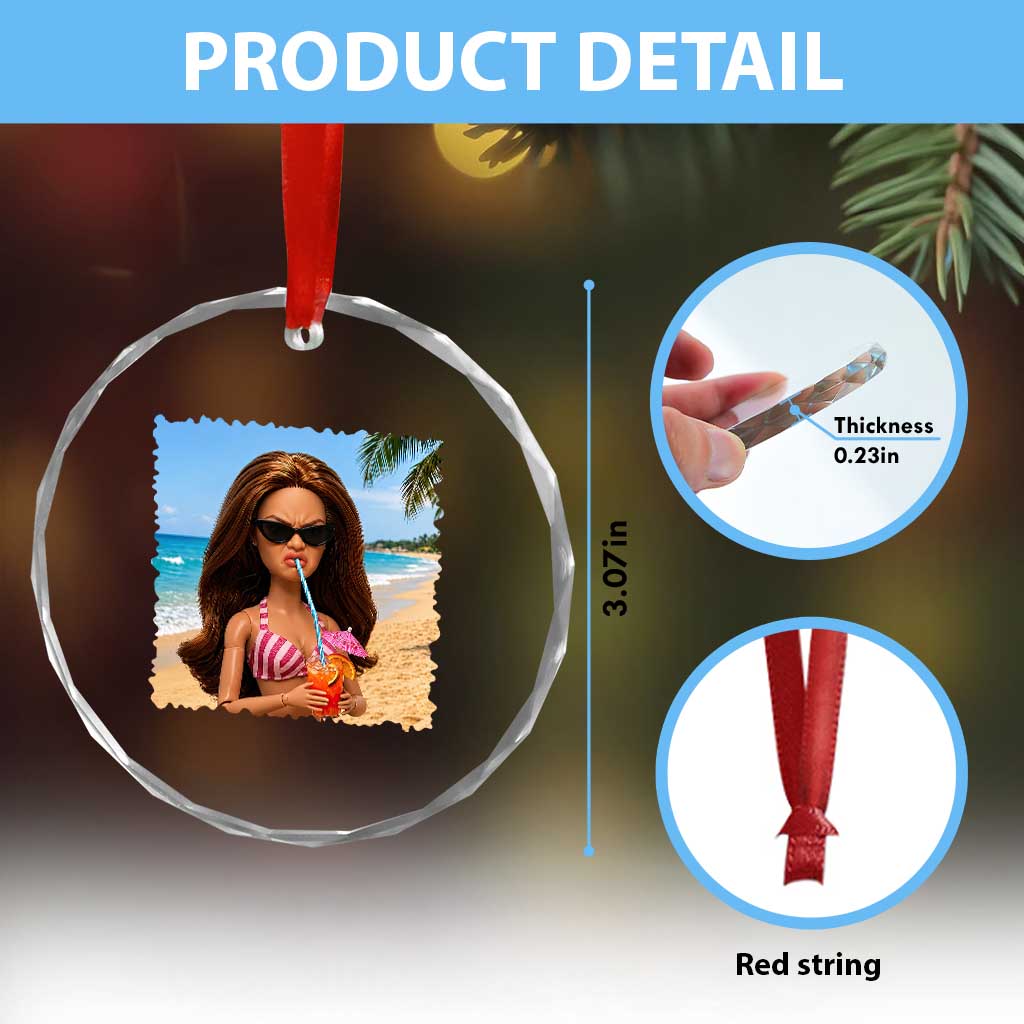 Funny Summer Doll Face Meme Crystal Glass Ornament Tropical Beach Party Graphic