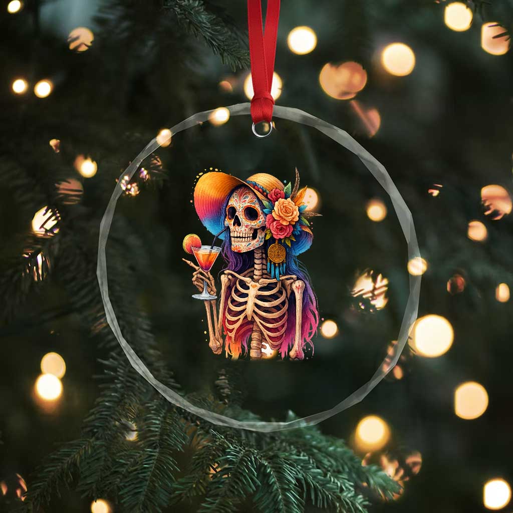 Funny Summer Sugar Skull Cocktail Lover Crystal Glass Ornament