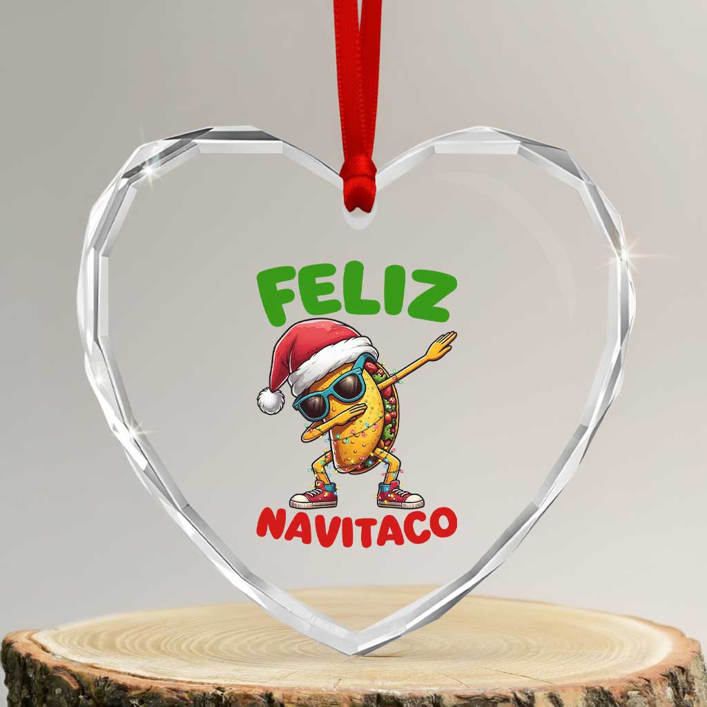 Funny Taco Mexican Christmas Heart Crystal Glass Ornament Feliz Navitaco - Wonder Print Shop