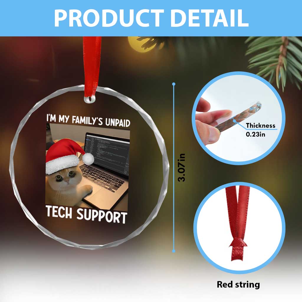 Funny Tech Support Cat Christmas Crystal Glass Ornament - Wonder Print Shop