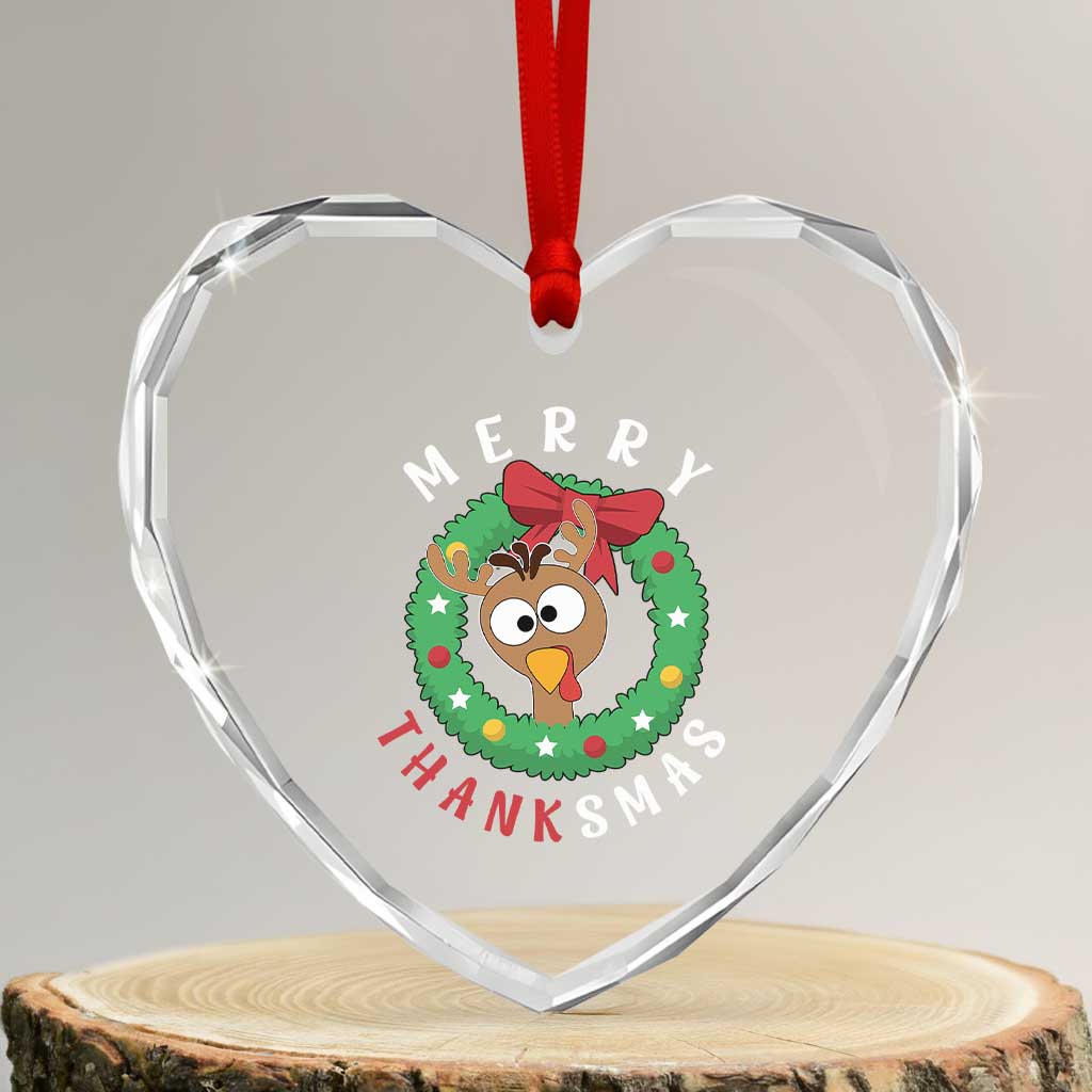 Funny Thanksgiving Xmas Heart Crystal Glass Ornament Merry Thanksmas Turkey Reindeer Antler - Wonder Print Shop