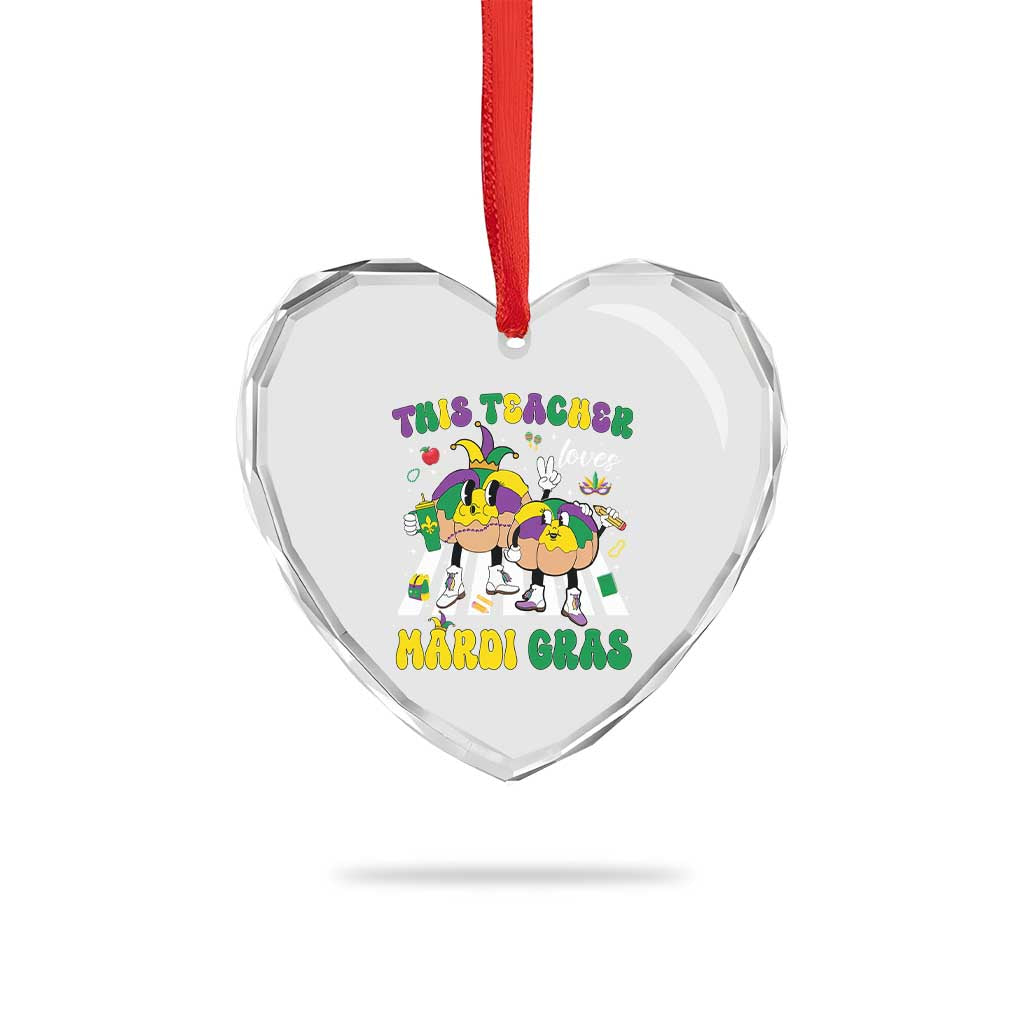 Funny This Teacher Loves Mardi Gras Heart Crystal Glass Ornament King Cake Jester Hat