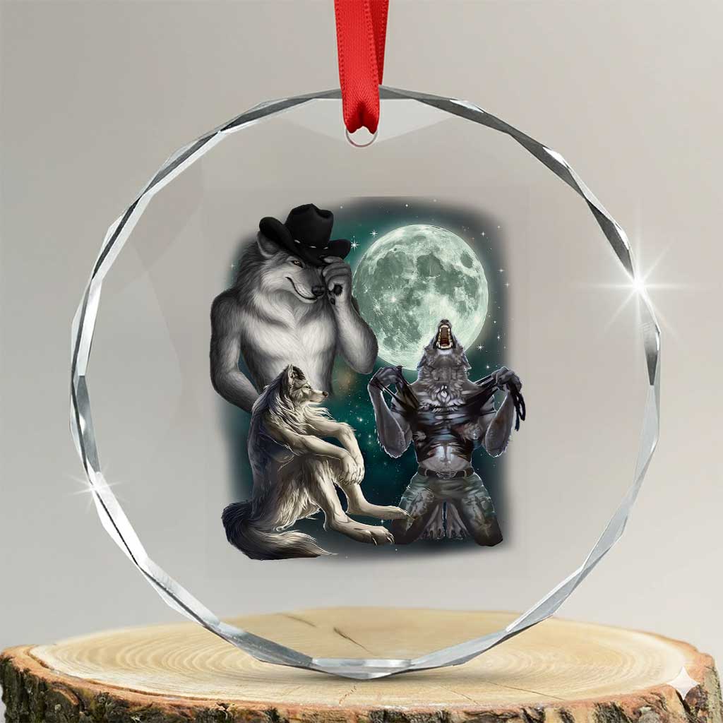 Funny Three Alpha Wolf Howling Moon Crystal Glass Ornament Weird Cringe Werewolf Meme - Wonder Print Shop