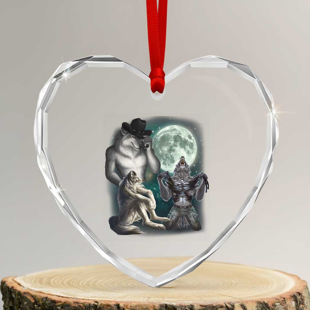 Funny Three Alpha Wolf Howling Moon Heart Crystal Glass Ornament Weird Cringe Werewolf Meme - Wonder Print Shop