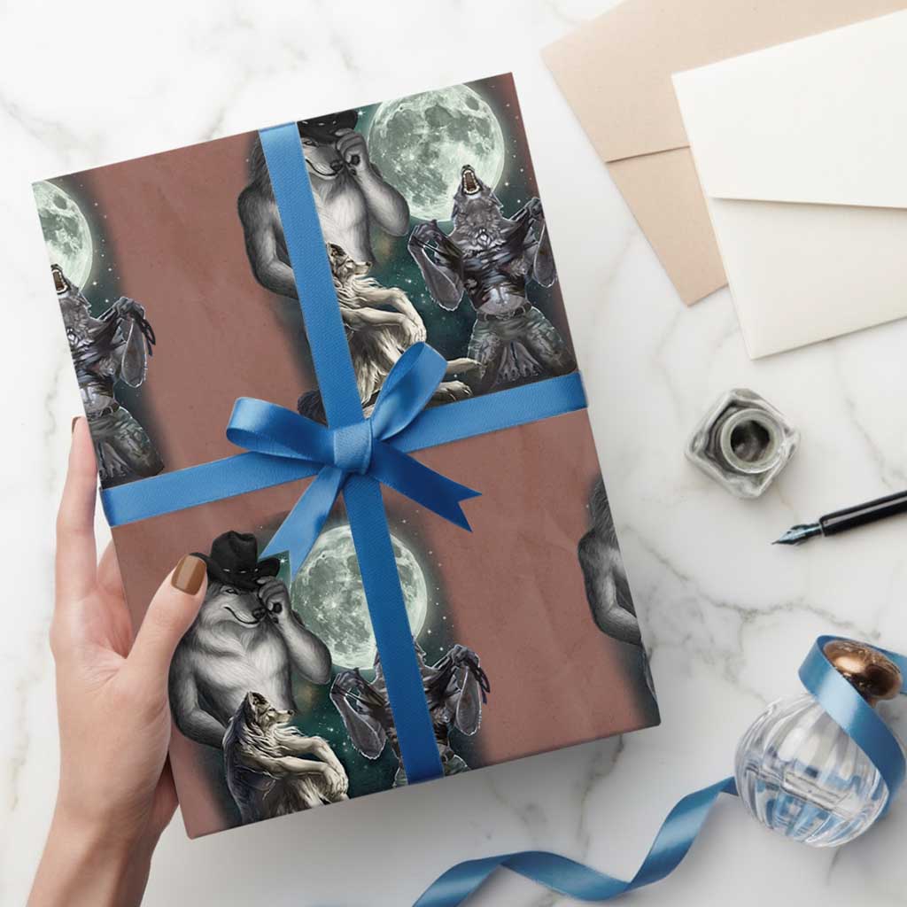 Funny Three Alpha Wolf Howling Moon Wrapping Paper Roll Weird Cringe Werewolf Meme - Wonder Print Shop