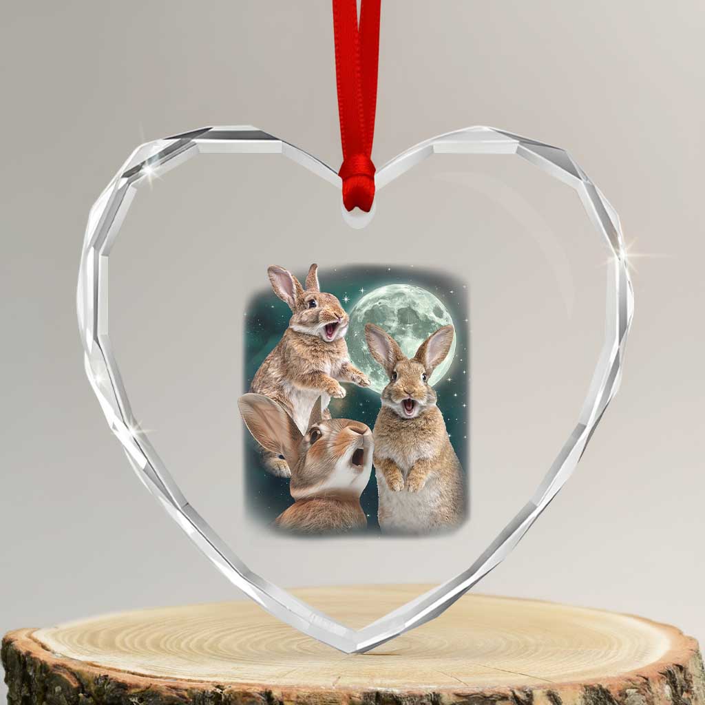 Funny Three Bunny Moon Humorous Rabbit Meme Heart Crystal Glass Ornament