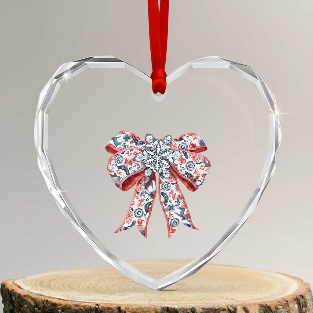 Funny Toile Folk Art Scandinavian Coquette Bow Xmas Heart Crystal Glass Ornament - Wonder Print Shop