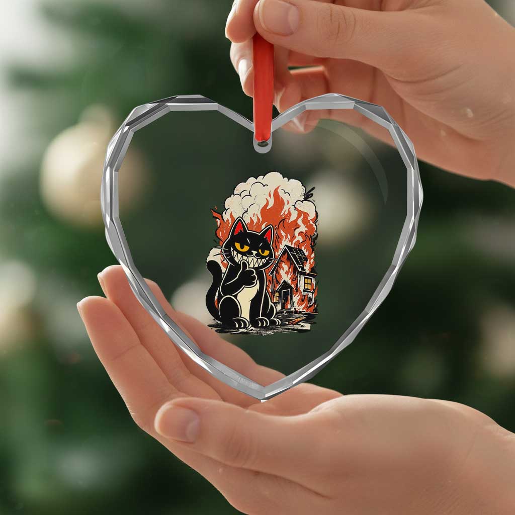 Funny Trouble Maker Cat Heart Crystal Glass Ornament Cute Mischief Graphic Gift For Cat Lover
