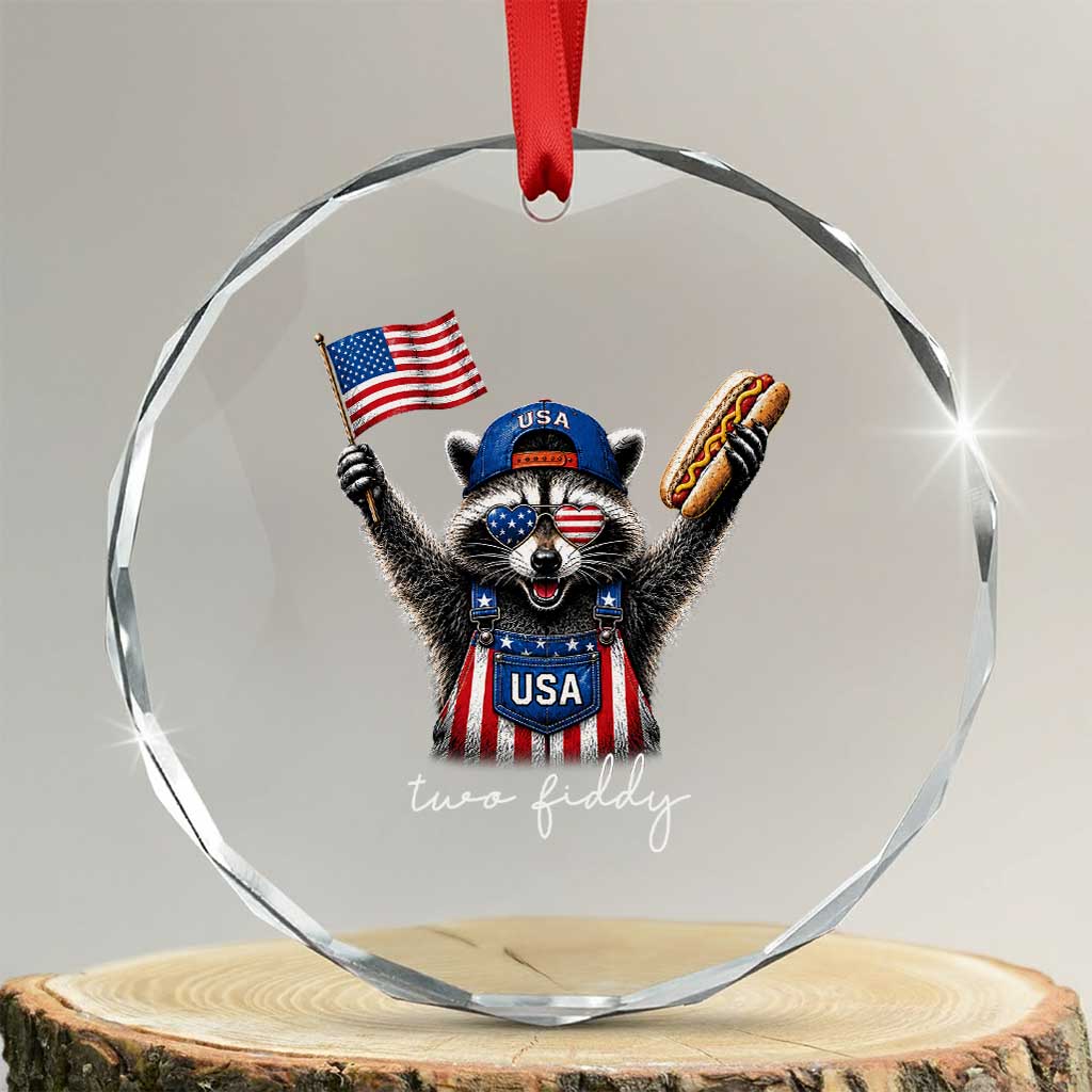 Funny Two Fiddy Raccoon Patriotic Crystal Glass Ornament USA Flag Hot Dog Fourth of July USA 250th Anniversary