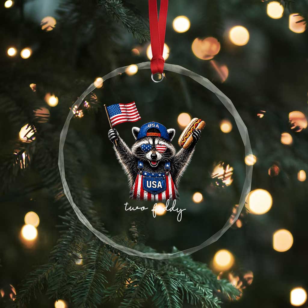 Funny Two Fiddy Raccoon Patriotic Crystal Glass Ornament USA Flag Hot Dog Fourth of July USA 250th Anniversary
