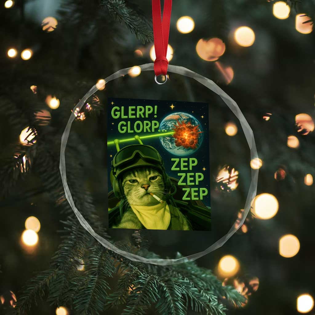 Funny UFO Alien Cat Selfie Crystal Glass Ornament Retro Space Sci-Fi Cat Pilot - Wonder Print Shop