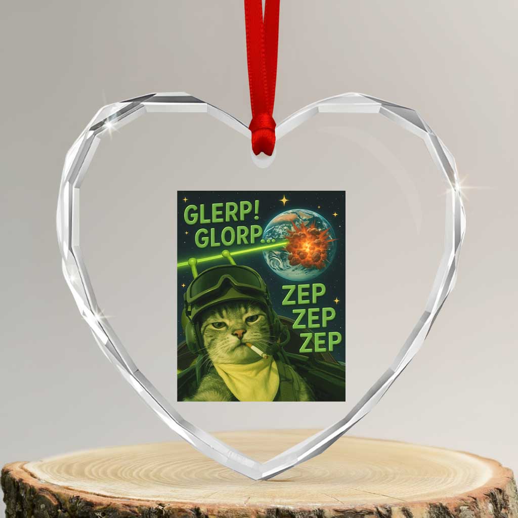 Funny UFO Alien Cat Selfie Heart Crystal Glass Ornament Retro Space Sci-Fi Cat Pilot - Wonder Print Shop