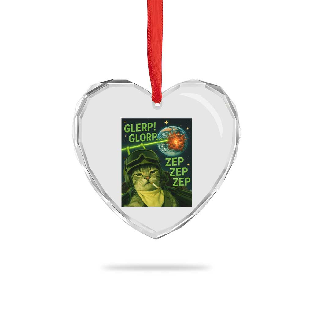 Funny UFO Alien Cat Selfie Heart Crystal Glass Ornament Retro Space Sci-Fi Cat Pilot - Wonder Print Shop