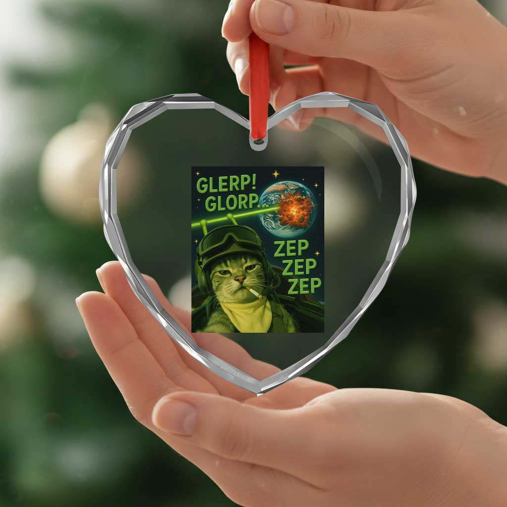 Funny UFO Alien Cat Selfie Heart Crystal Glass Ornament Retro Space Sci-Fi Cat Pilot - Wonder Print Shop