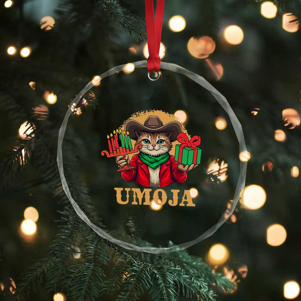 Funny Umoja Holiday Gift Crystal Glass Ornament CowCat Kwanzaa Kinara Candle And Presents - Wonder Print Shop