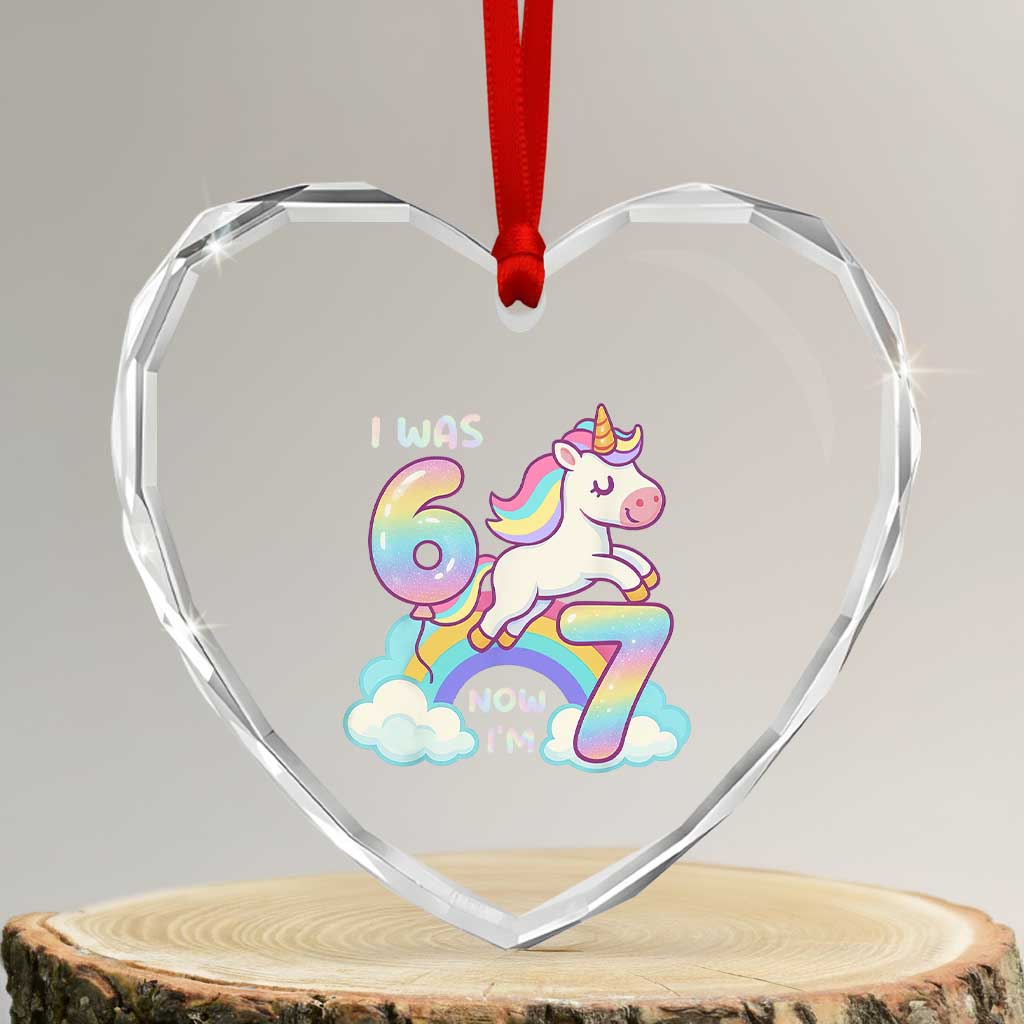 Funny Unicorn I Was 6 Now I Am 7 Heart Crystal Glass Ornament Girl Seventh Birthday Gift - Wonder Print Shop