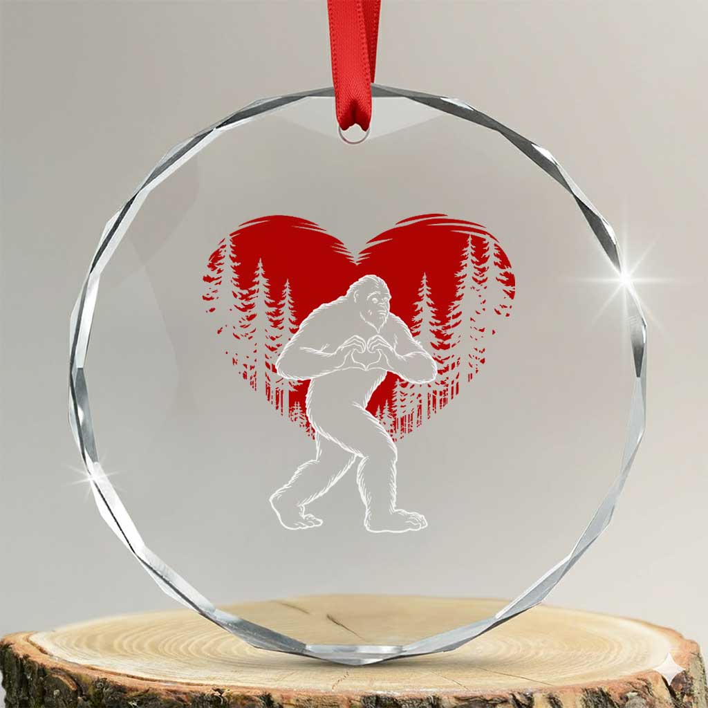 Funny Valentine Bigfoot in Love Heart Hand Sign Crystal Glass Ornament Romantic Sasquatch in Forest Valentines Day