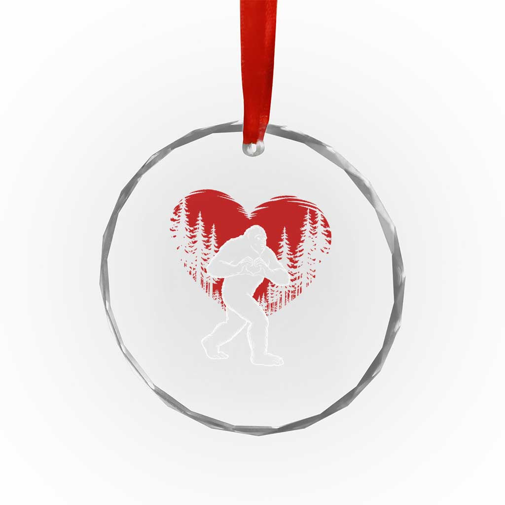 Funny Valentine Bigfoot in Love Heart Hand Sign Crystal Glass Ornament Romantic Sasquatch in Forest Valentines Day