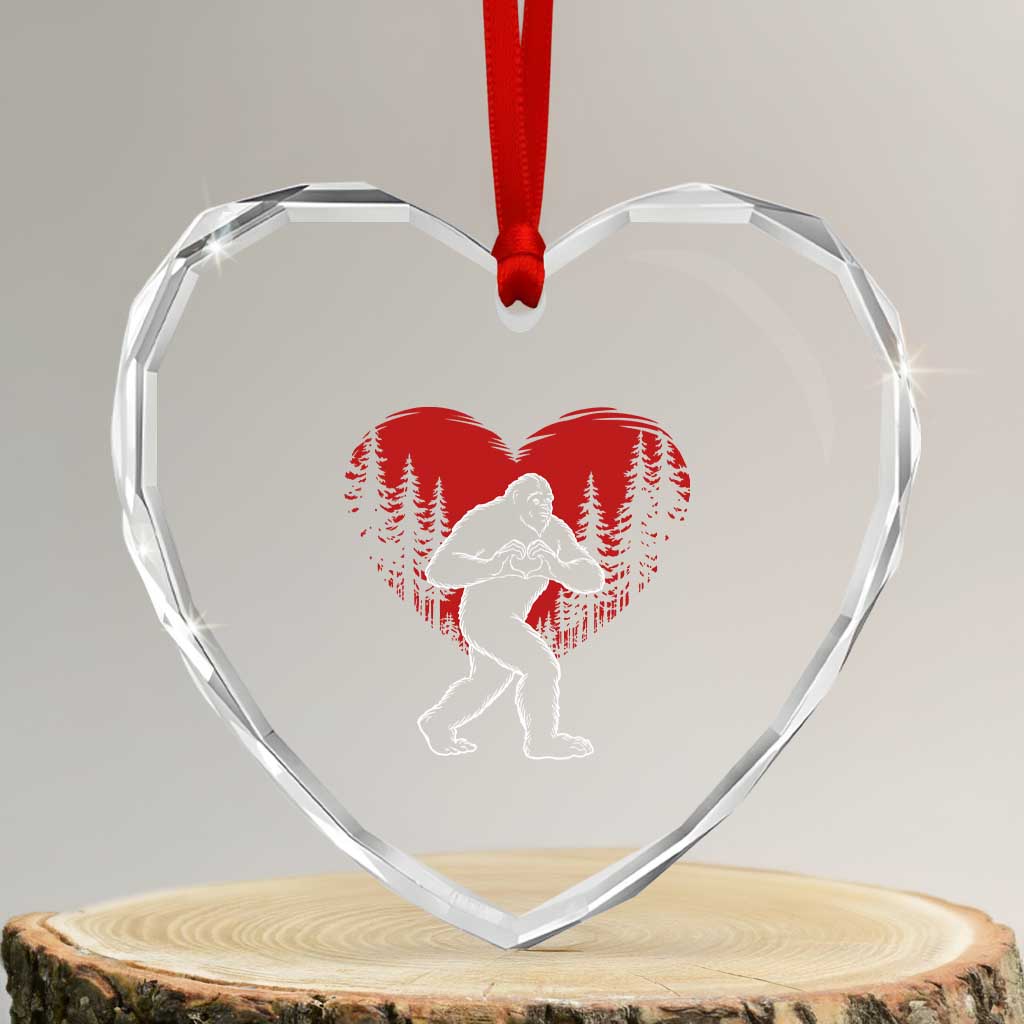 Funny Valentine Bigfoot in Love Heart Hand Sign Heart Crystal Glass Ornament Romantic Sasquatch in Forest Valentines Day