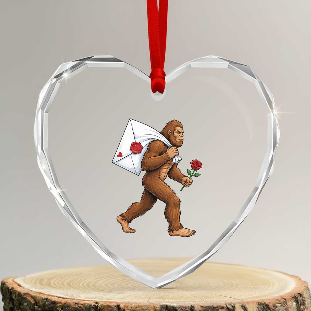 Funny Valentine Bigfoot with Heart Sack Bag Heart Crystal Glass Ornament Romantic Sasquatch Love Letter Valentines Day