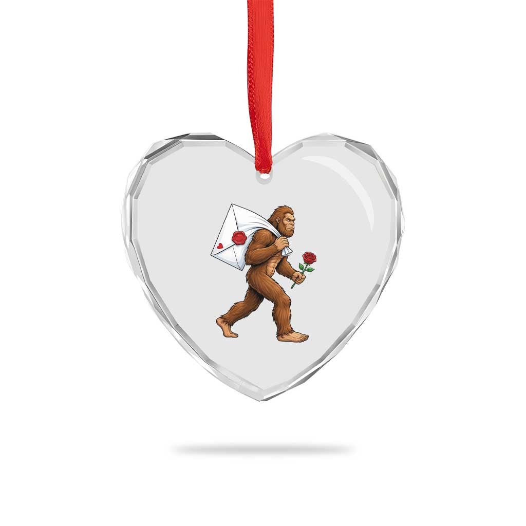 Funny Valentine Bigfoot with Heart Sack Bag Heart Crystal Glass Ornament Romantic Sasquatch Love Letter Valentines Day