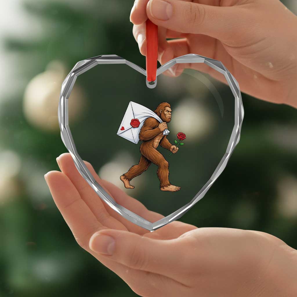 Funny Valentine Bigfoot with Heart Sack Bag Heart Crystal Glass Ornament Romantic Sasquatch Love Letter Valentines Day