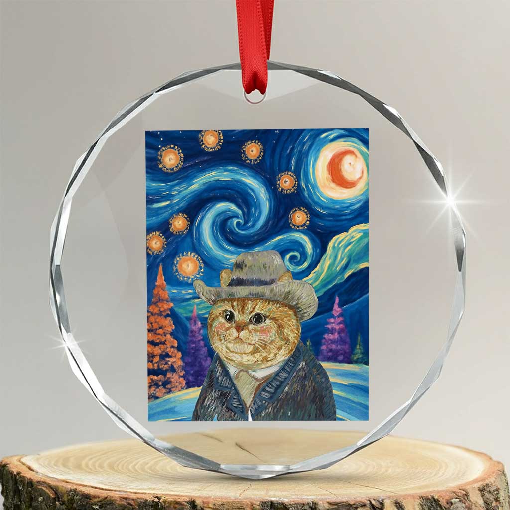 Funny Van Gogh Cat in Starry Night Crystal Glass Ornament - Wonder Print Shop
