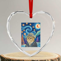 Funny Van Gogh Cat in Starry Night Heart Crystal Glass Ornament - Wonder Print Shop