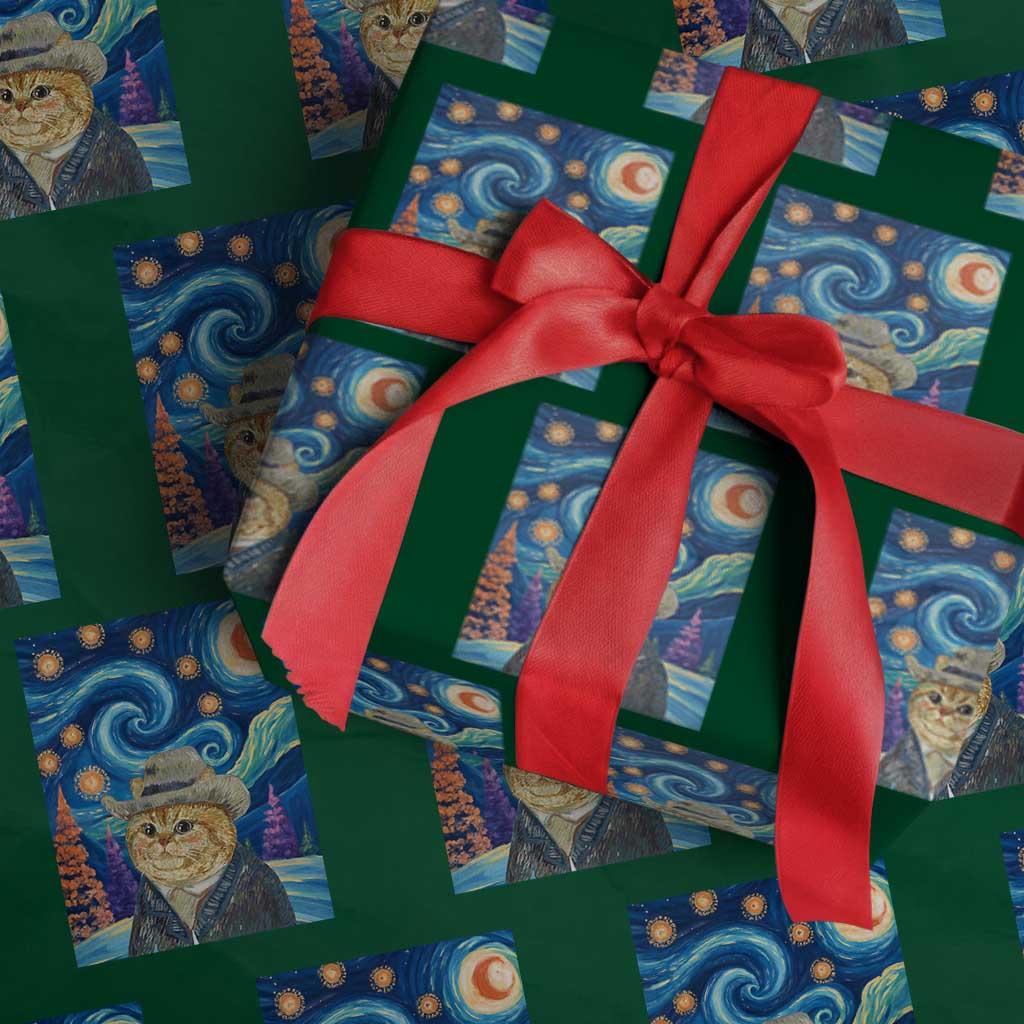 Funny Van Gogh Cat in Starry Night Wrapping Paper Roll - Wonder Print Shop