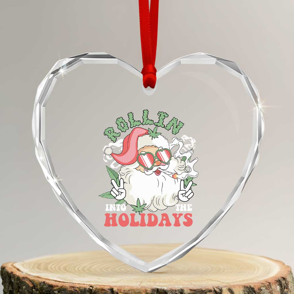 Funny Weed Christmas Heart Crystal Glass Ornament Rollin Into The Holidays Santa Xmas - Wonder Print Shop